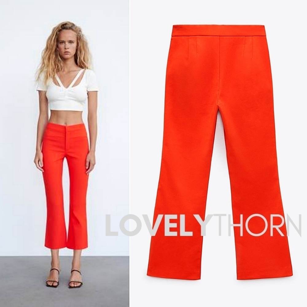 ZARA // blogger fave coral deep orange stretch high waist crop mini flare pants